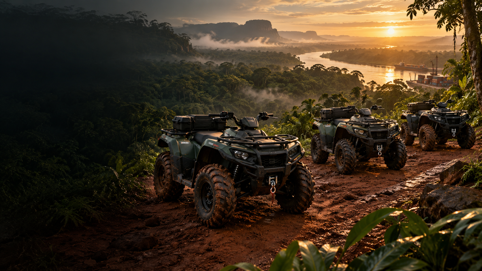 Rugged utility ATVs on a tropical trail in Guyana